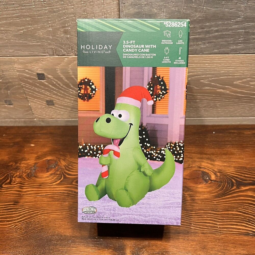 Christmas Dinosaur With Candy‎ Cane Santa Hat Airblown Inflatable 3.5’ Holiday